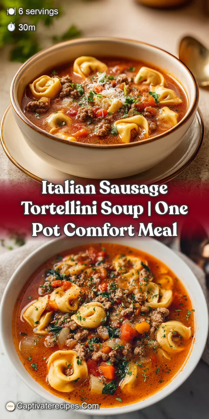 Close-up of tender tortellini submerged in a savory broth, with visible chunks of savory sausage.