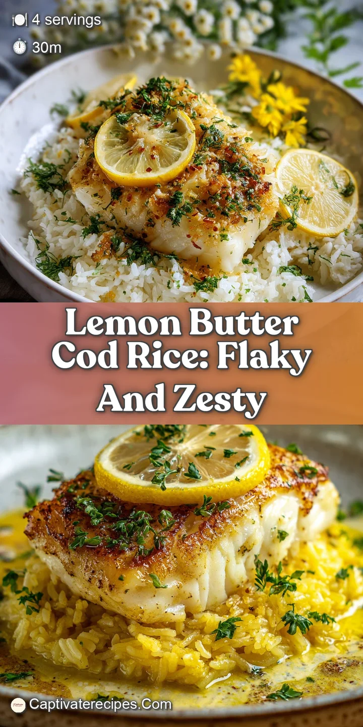 Close-up view of lemon butter sauce shimmering on tender cod, highlighting the flaky texture and steam rising from the rice.