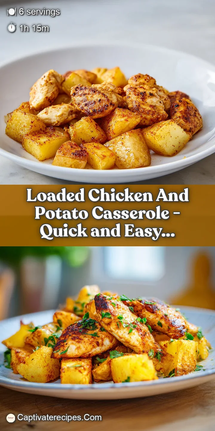 Close-up of bubbling golden cheese crust and juicy chicken chunks with a steaming, creamy potato base.