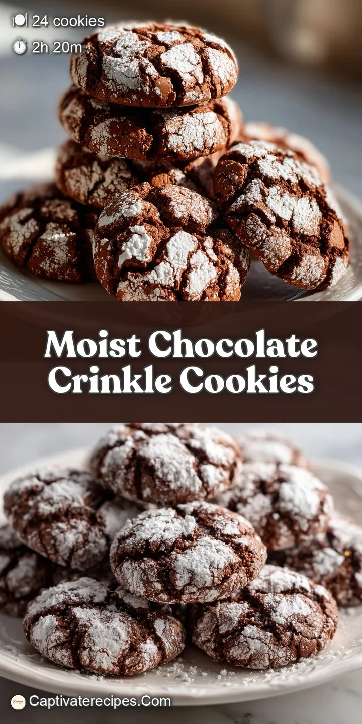 Close-up of a single chocolate crinkle cookie showing deep fissures and sugar dusting; hinting at a soft, chewy interior.