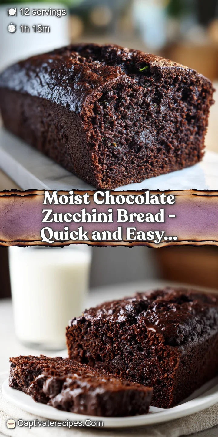 Close-up of moist chocolate zucchini bread with visible shredded zucchini. Shiny chocolate chips hint at a rich, decadent ...