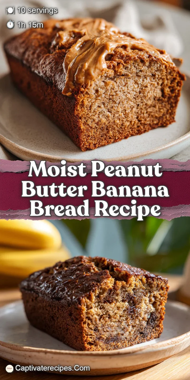 Close-up: the rich, brown crumb of peanut butter banana bread. Swirls of peanut butter and soft banana create an irresisti...