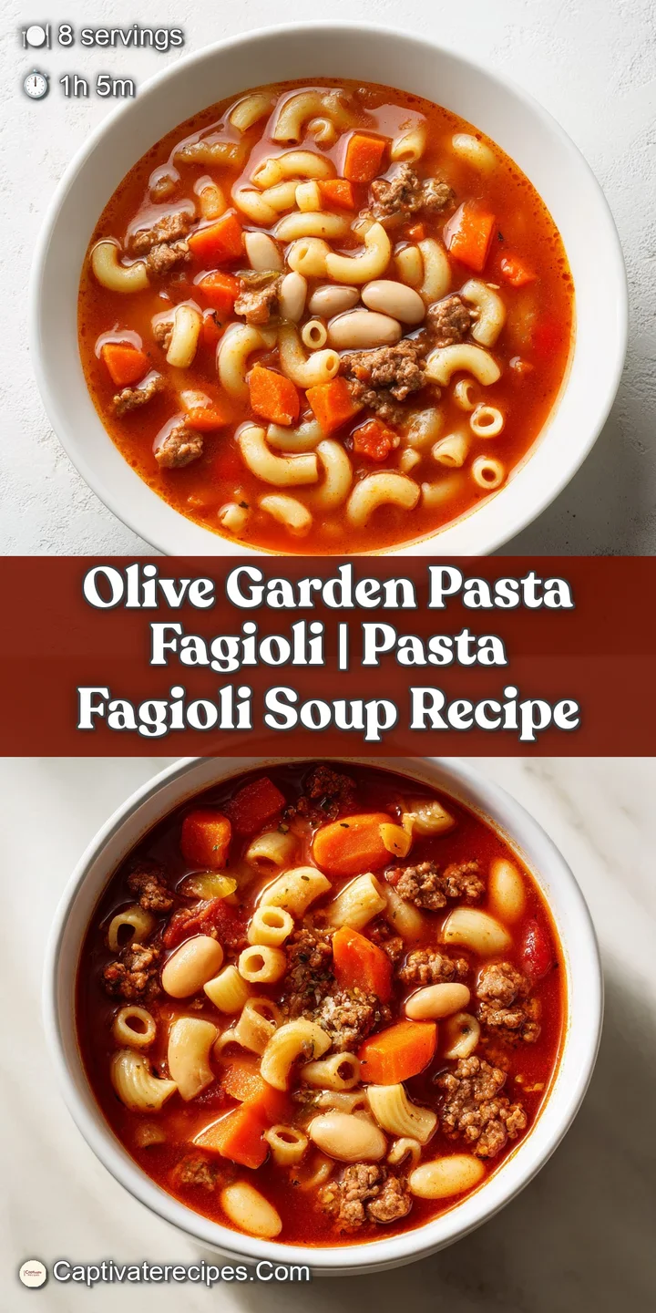 Close-up of tender ditalini pasta and creamy white beans simmering in a rich, savory tomato-based broth with beef.