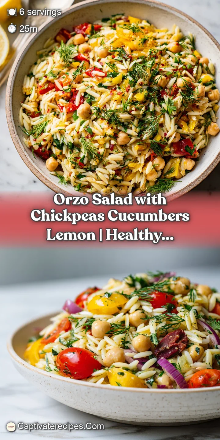 Close-up of tender orzo pasta glistening with lemon dressing, dotted with chickpeas and cucumber.