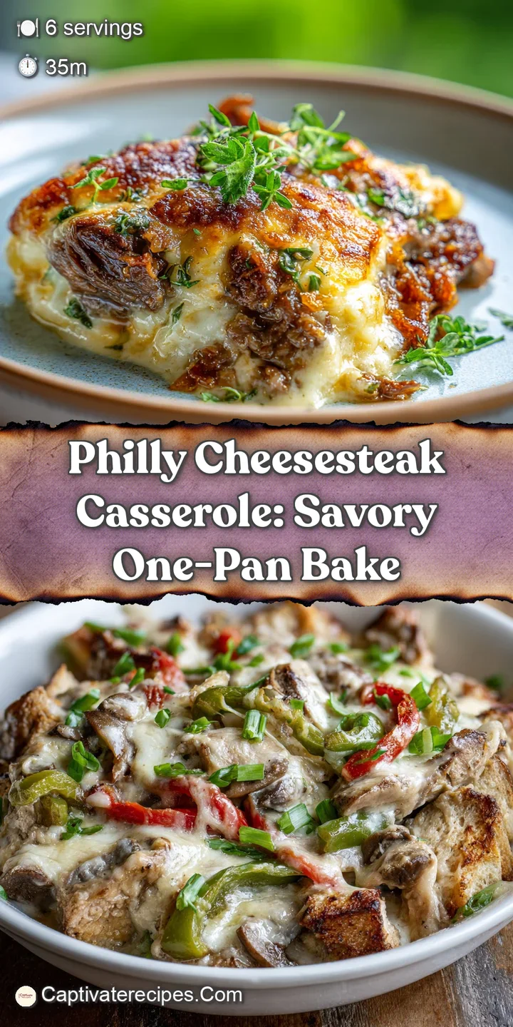 Mouthwatering close-up of cheesesteak casserole: gooey melted cheese, tender beef, vibrant peppers, and golden crust beckon.