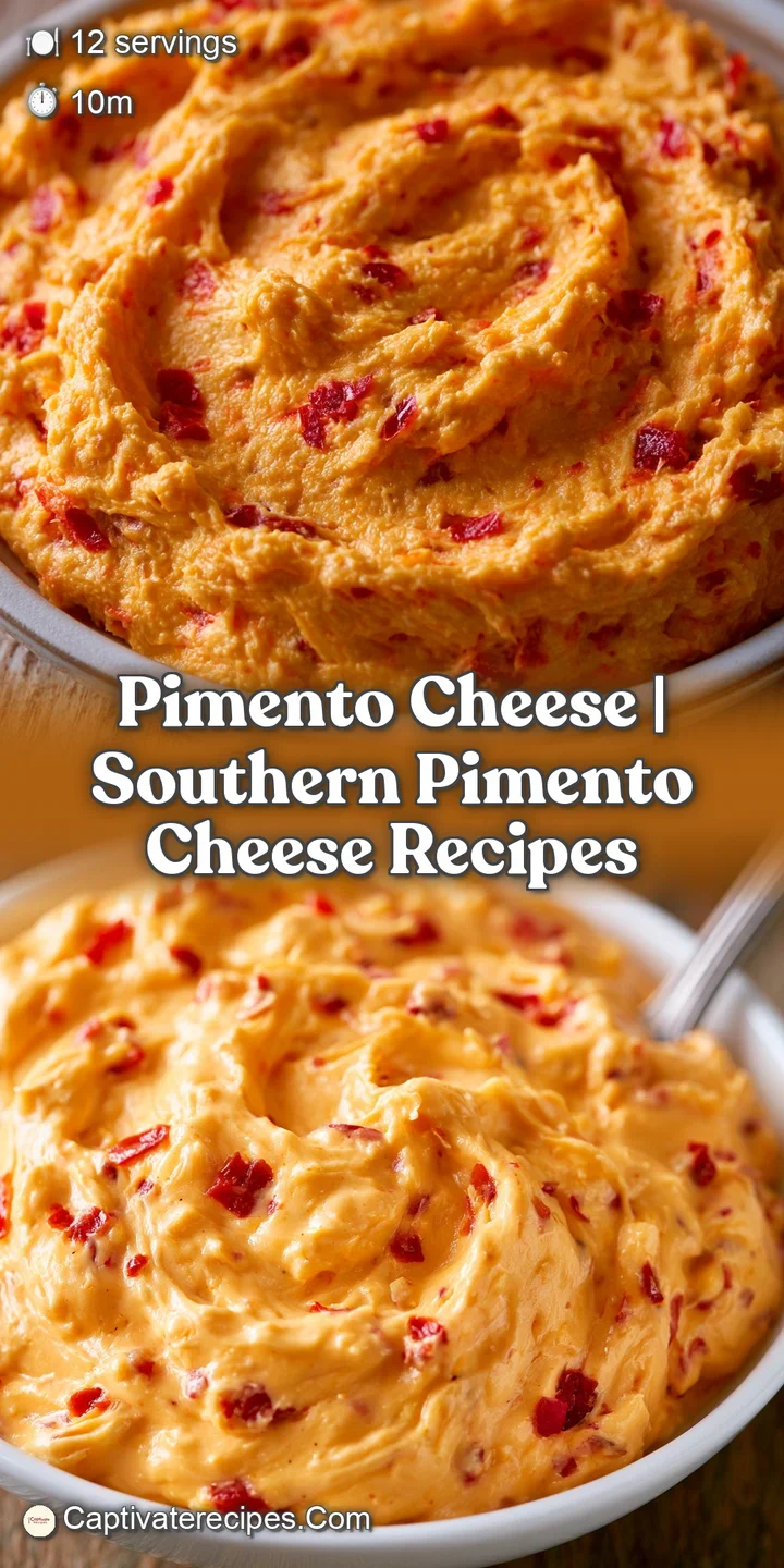 Close-up of a rich, creamy orange spread showing textured chunks of cheese and bright red pimiento pepper bits.