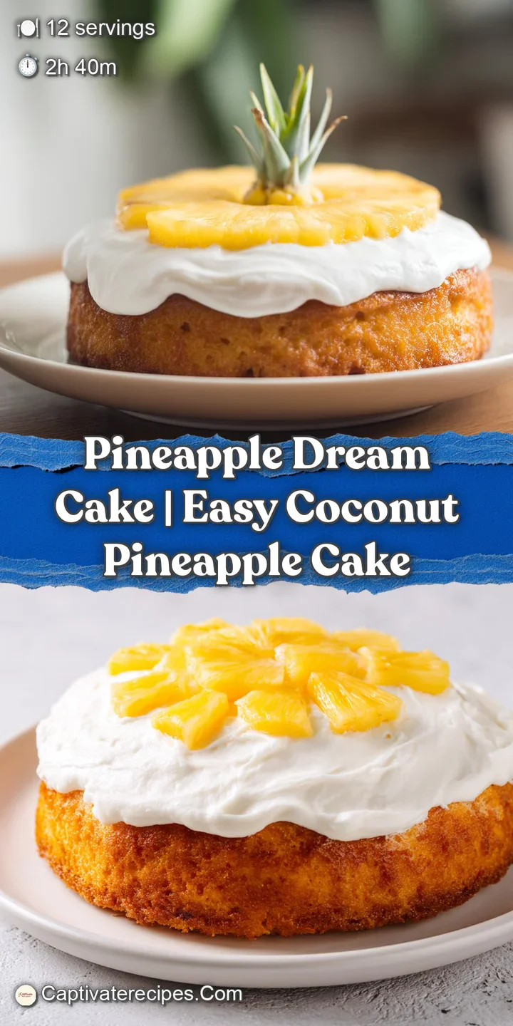 Close-up of a creamy cake topping with glistening pineapple pieces and a dusting of shredded coconut on top.