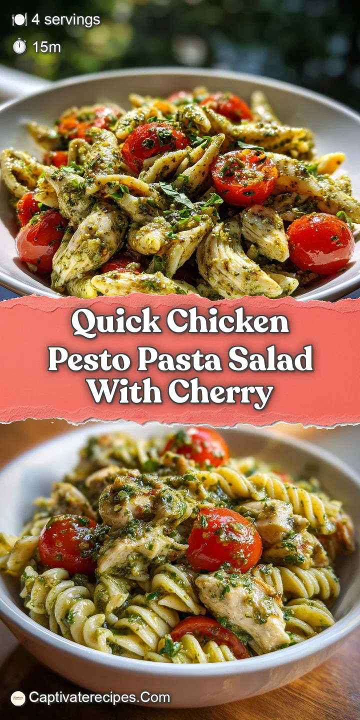Close-up of glistening pesto-coated pasta, showcasing the juicy burst of halved cherry tomatoes and flavorful chicken pieces.