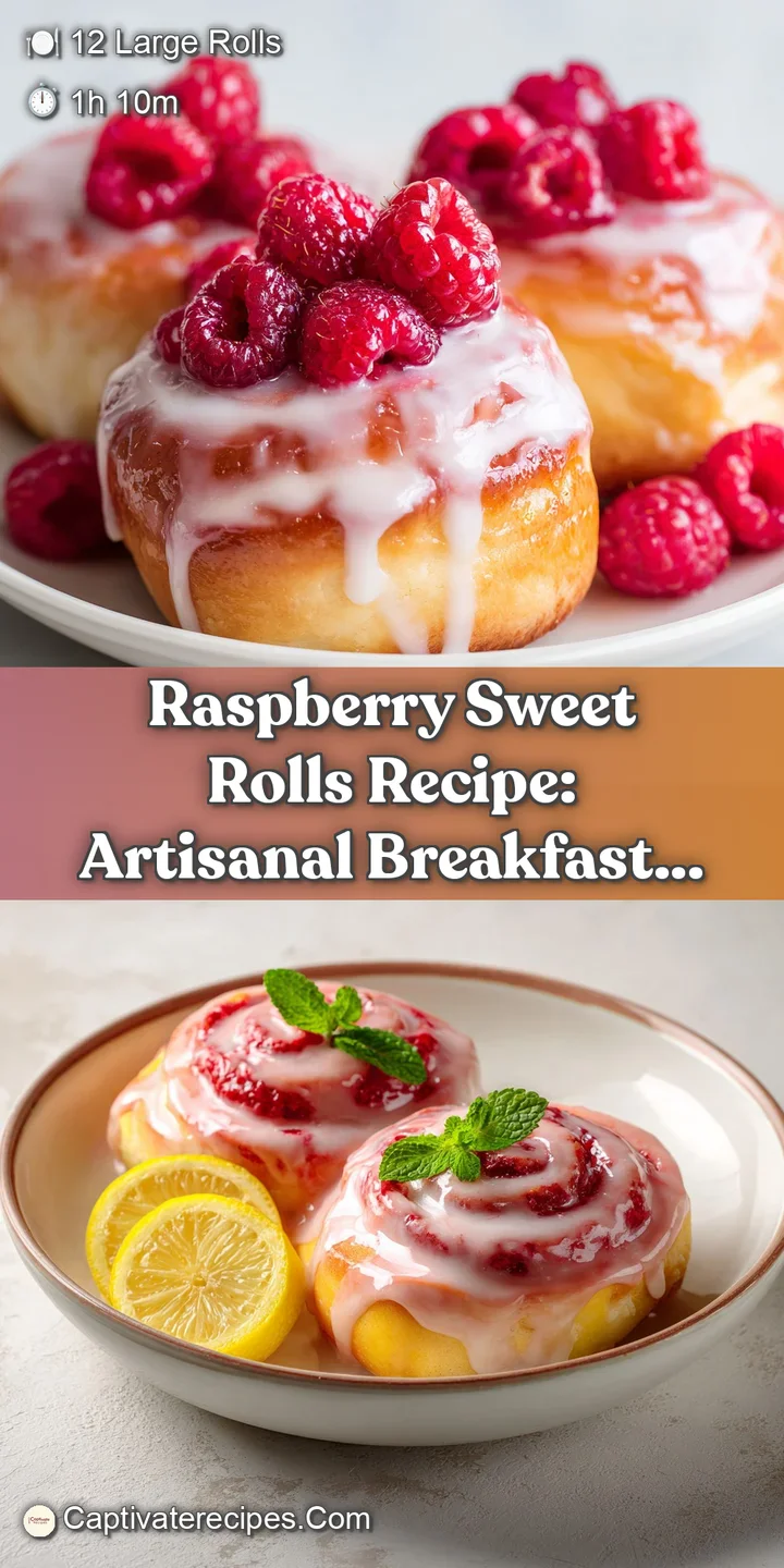 Close-up of a raspberry sweet roll; the tangy glaze shines against the soft, flaky, golden baked dough.
