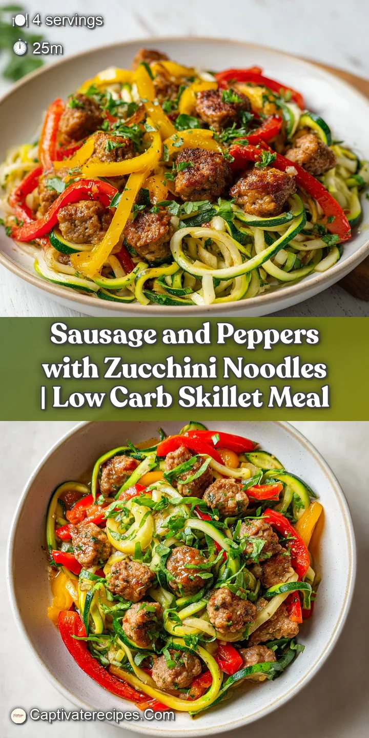 Close-up of juicy, slightly charred sausage links nestled amongst bright red pepper strips and verdant zucchini ribbons.