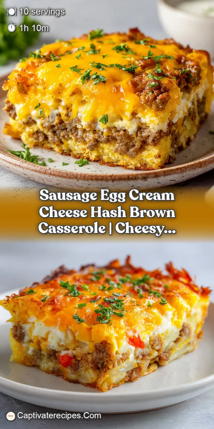 Close-up of creamy, cheesy hash browns with visible chunks of browned sausage and melted cream cheese.