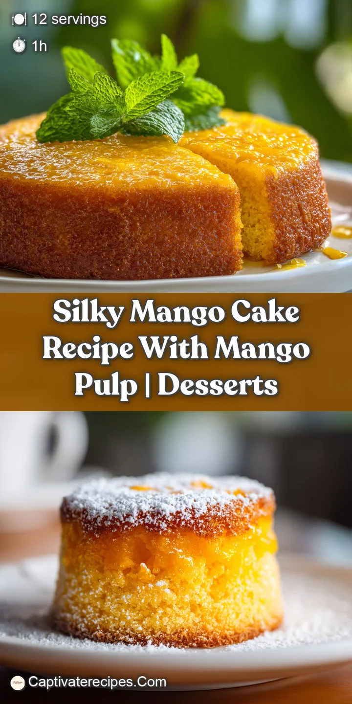 Close-up of the mango cake's moist crumb with juicy pieces of fruit, highlighting its tempting texture and bright, invitin...