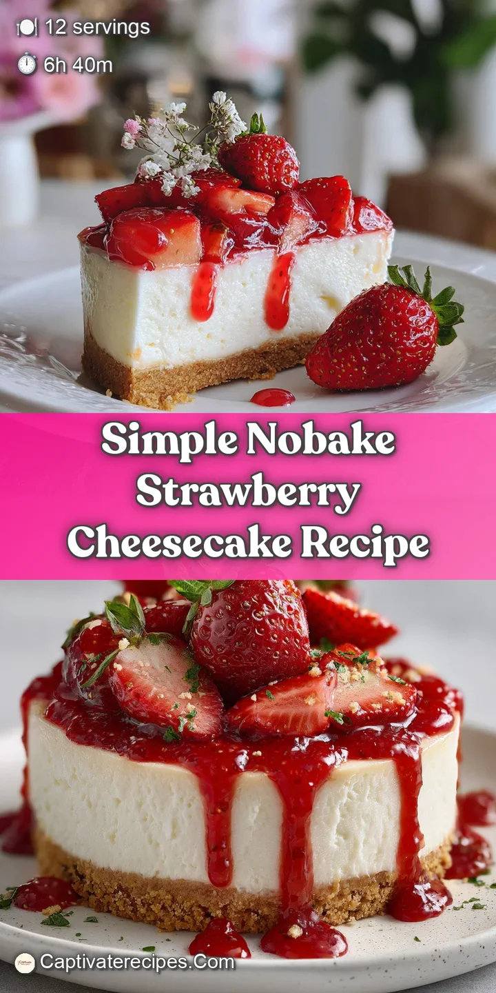 Close-up of no-bake strawberry cheesecake showcasing the creamy filling, crumbly crust, and juicy, bright red strawberry t...