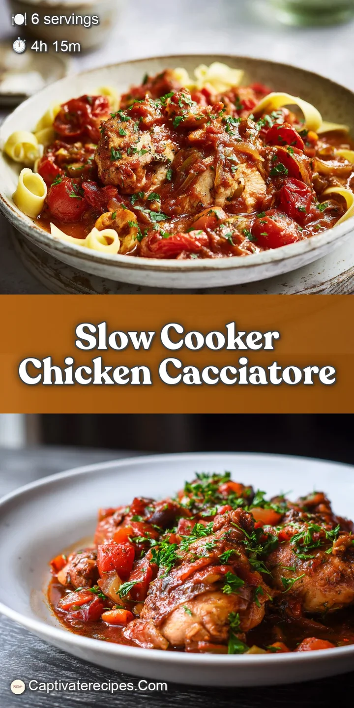 Close-up of slow-cooked chicken cacciatore: Juicy chicken simmering in a vibrant tomato sauce with colorful peppers and on...