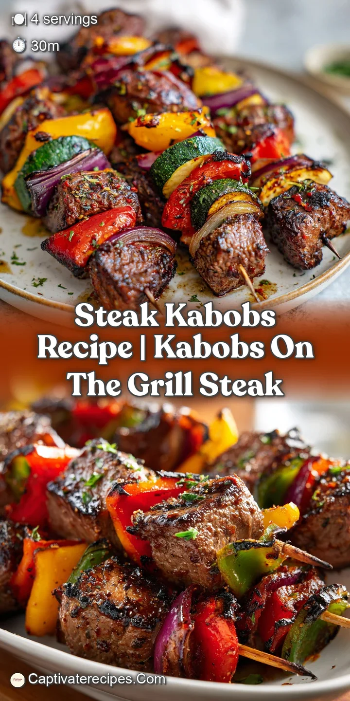 Close-up of a sizzling steak kabob; charred edges, colorful bell peppers and onions, enticing smoky aroma captured.