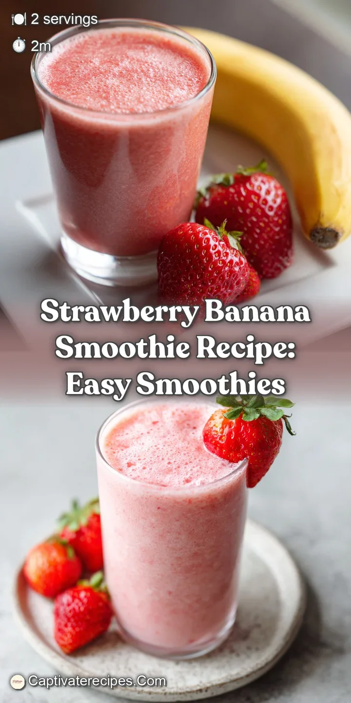 Close-up of a creamy strawberry banana smoothie. See tiny strawberry seeds & a soft, frothy texture, for cool indulgence.