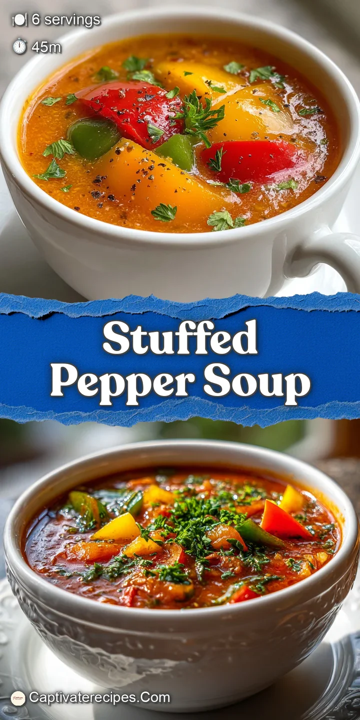 Close-up of chunky soup featuring softened diced peppers and ground meat in a flavorful tomato broth, with visible herbs.