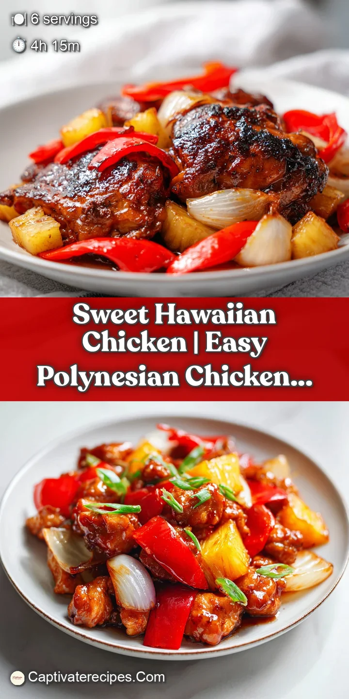 Close-up of glossy, amber-glazed chicken pieces and charred pineapple rings dripping with a thick, sweet tropical sauce.