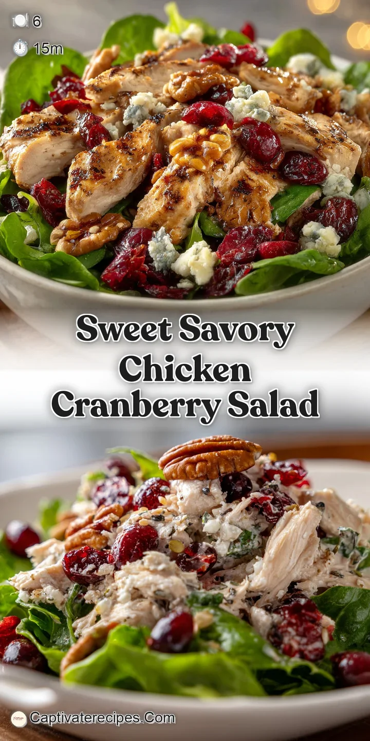 Close-up of chicken salad showcasing juicy cranberries, tender chicken, and crunchy pecans. Creamy dressing glistens with ...