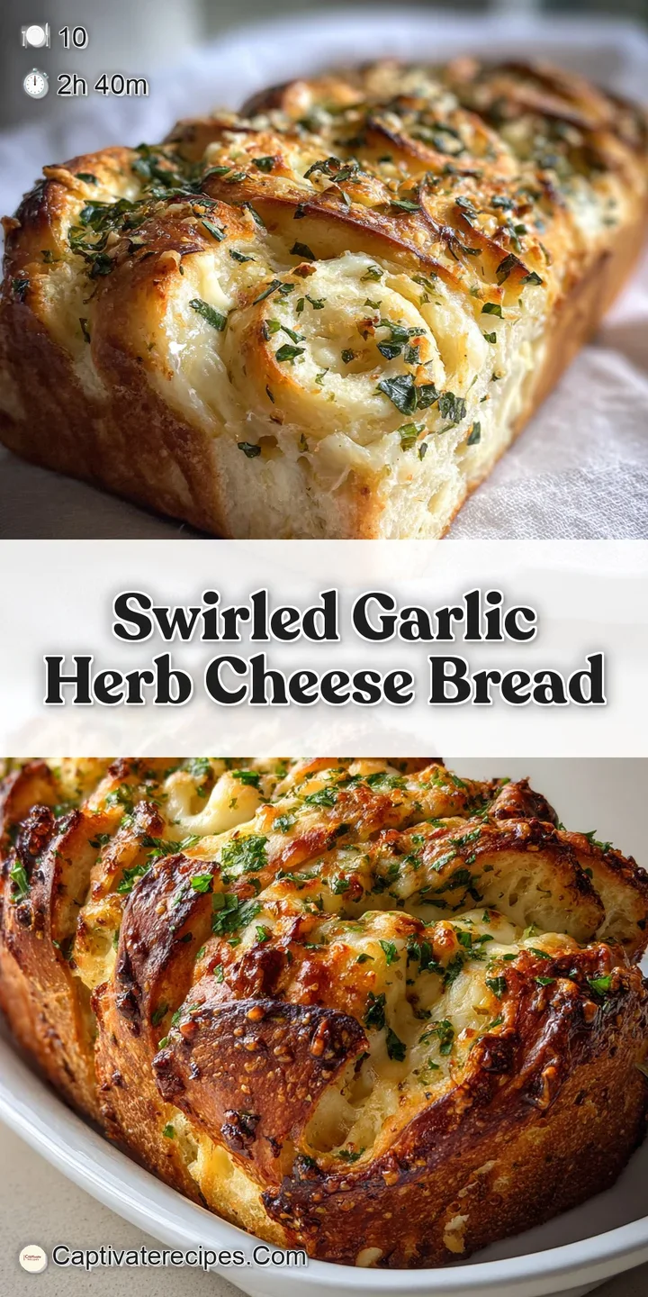 Close-up of warm, crusty bread with garlic herb cheese filling oozing out. Irresistible golden crust, soft inside, with vi...