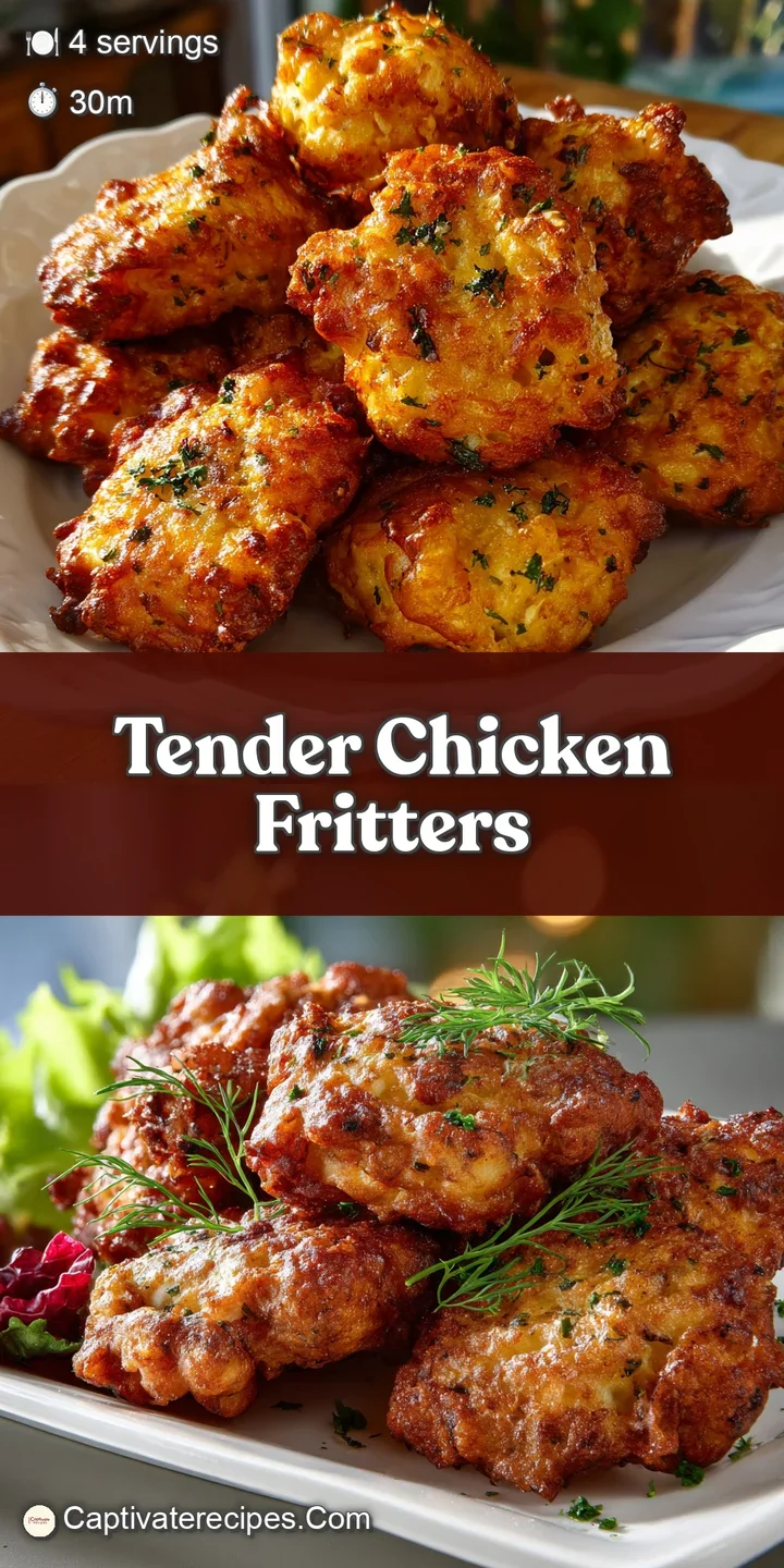 Close-up shows a crispy, golden chicken fritter's rough texture, highlighting herbs and savory seasoning flecks. Delicious...