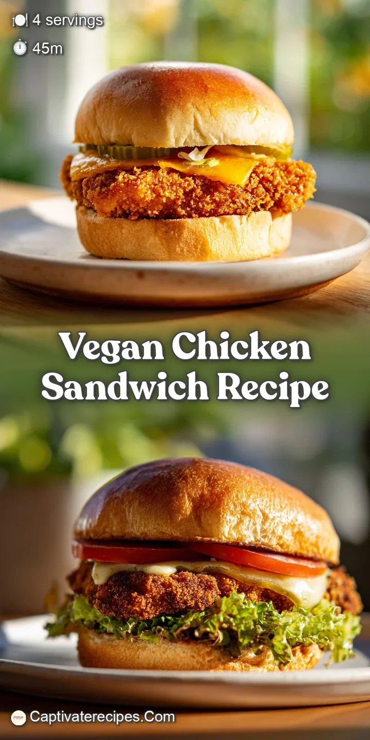 Close-up of a vegan chicken sandwich with a golden-brown, crispy coating. Creamy sauce and fresh greens create a delicious...