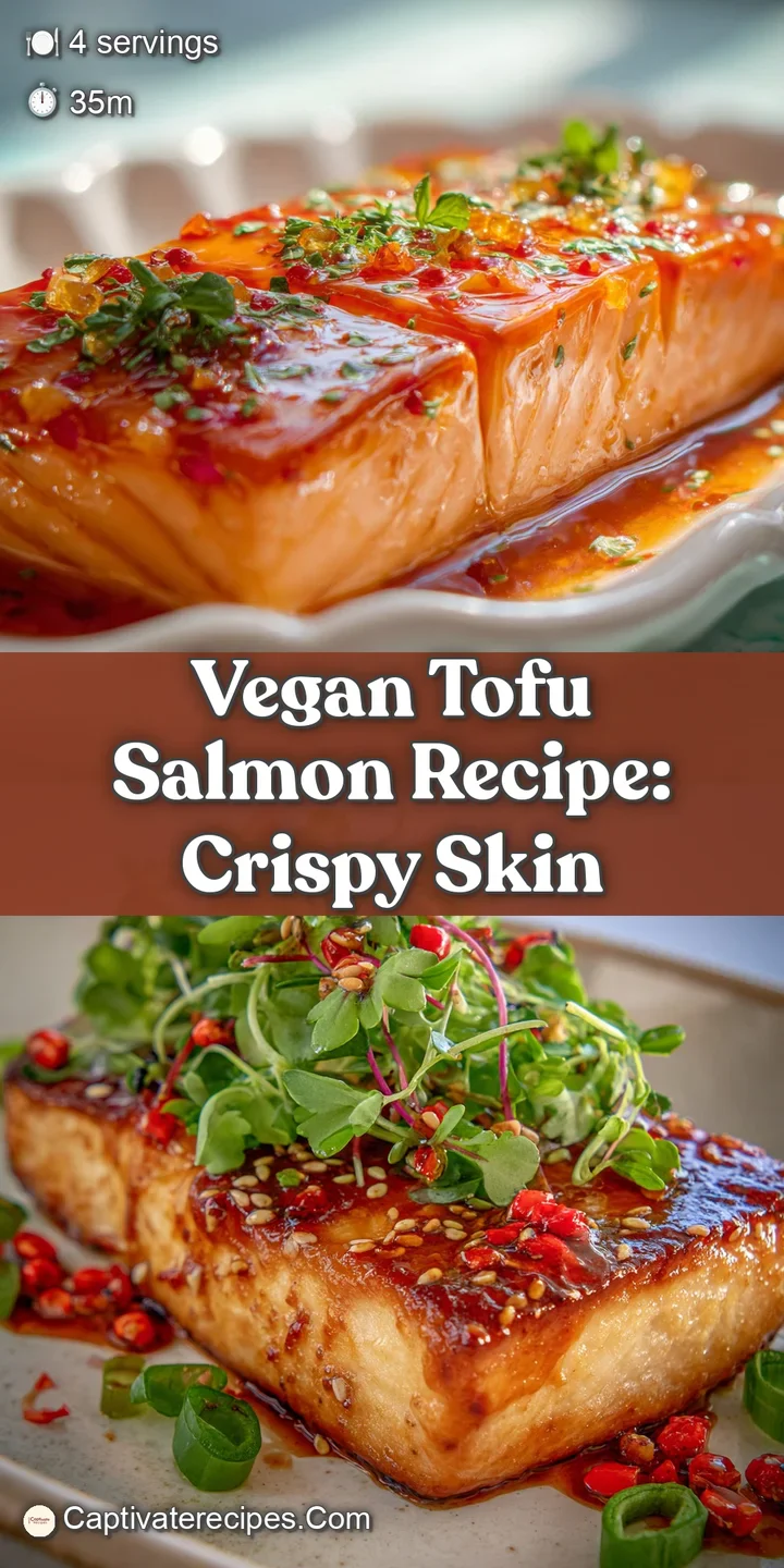 Close-up shows the flaky texture of the orange-glazed tofu 'salmon,' glistening with sauce and a sprinkle of fresh herbs.