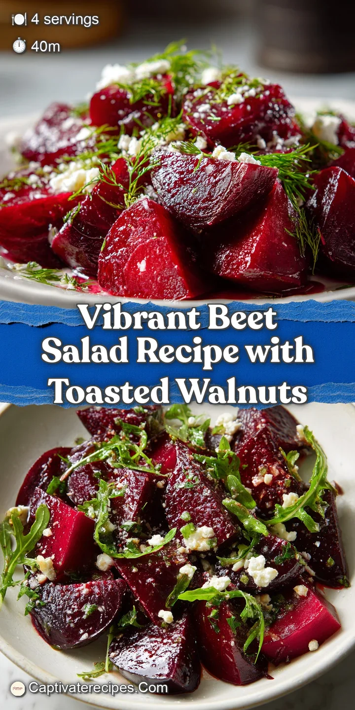 Close-up of a vibrant beet salad: juicy beets glistening with dressing, creamy goat cheese crumbles, and the textures of f...