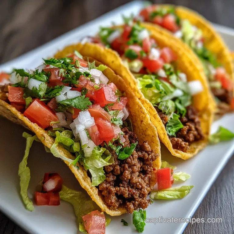 Delicious tacos with seasoned ground beef, crisp lettuce, juicy tomatoes, and mild cheddar nestled in warm tortillas on a ...