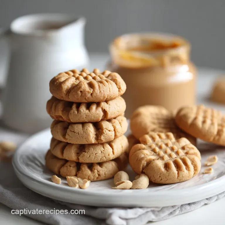 Three peanut butter cookies stacked on a small white plate. Crumbly edges, rustic aesthetic, inviting and simple dessert p...