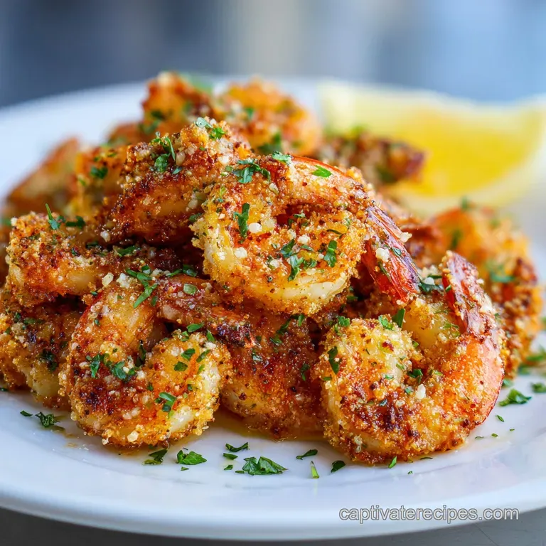 Perfectly arranged paprika shrimp, still glistening, beside lemon wedges and parsley sprigs. Rustic plate adds warmth and ...