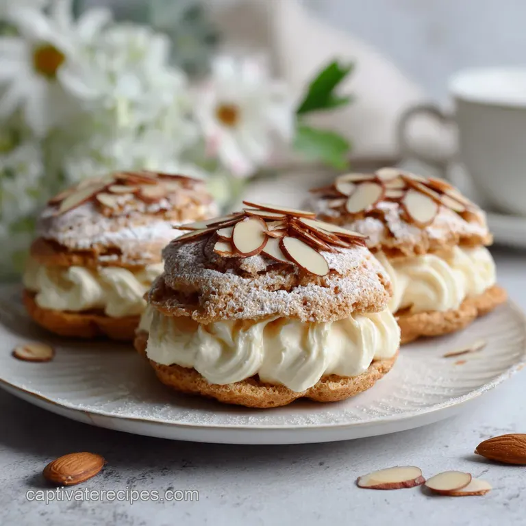 Elegant almond dacquoise tower with piped cream, topped with toasted almonds. Soft focus enhances the airy texture.