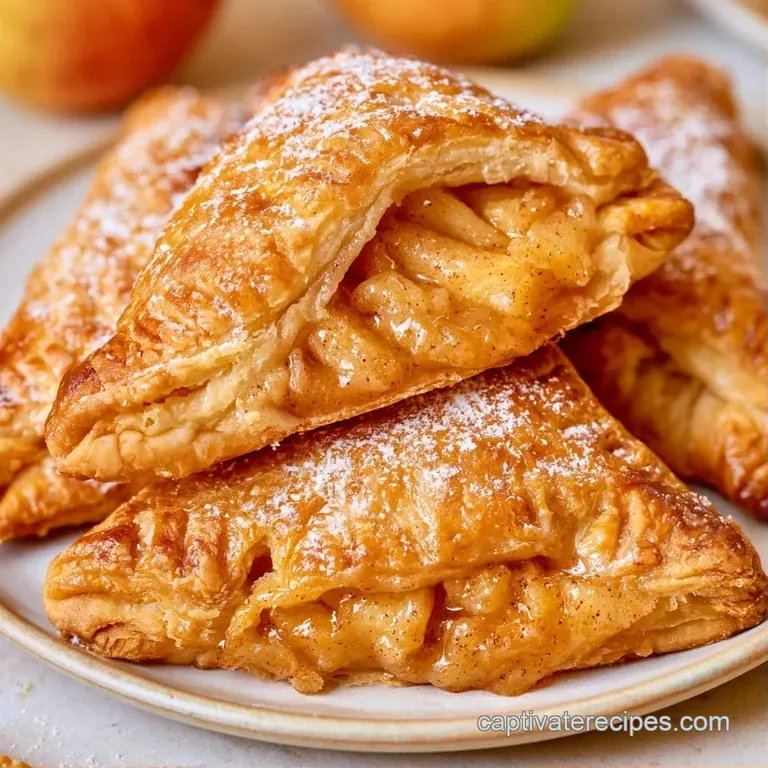 Two golden, triangular flaky pastries dusted with sugar, served with a swirl of cream and a fresh mint leaf.