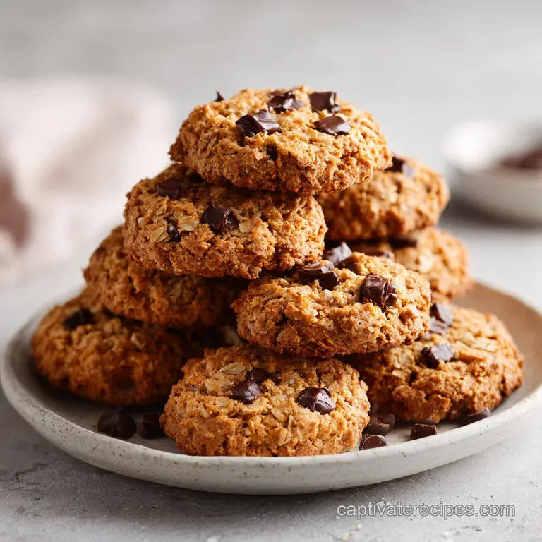 Stack of two chewy oatmeal chocolate chip cookies on a rustic wooden board.