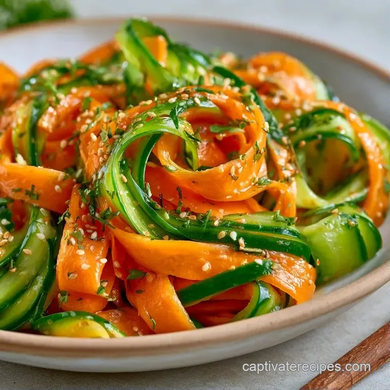 Neatly piled matchstick carrots and cucumbers in a modern bowl, garnished with fresh scallions and sesame seeds.