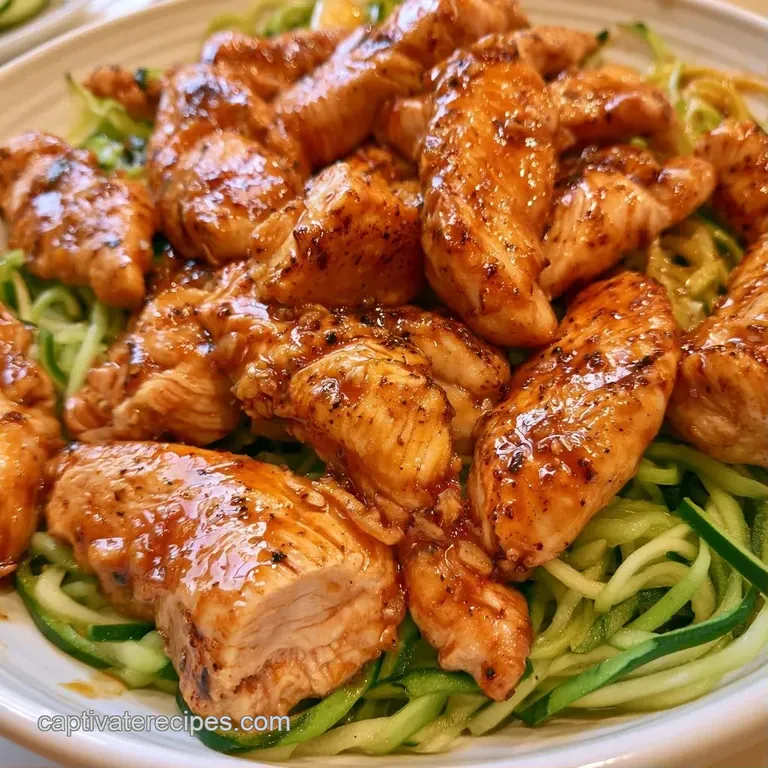 Elegant swirl of bright green spirals and golden-brown chicken pieces garnished with fresh scallions and sesame.