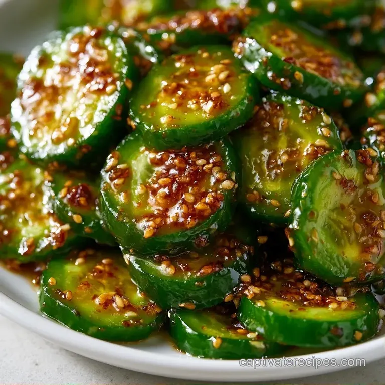 Vibrant green cucumber rounds in a white ceramic bowl topped with fresh sesame seeds and sliced green onions.