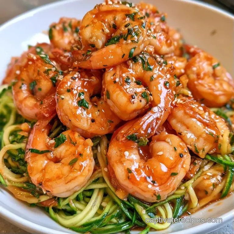 Neatly swirled green zucchini noodles topped with seared shrimp, toasted sesame seeds, and sliced green onions.