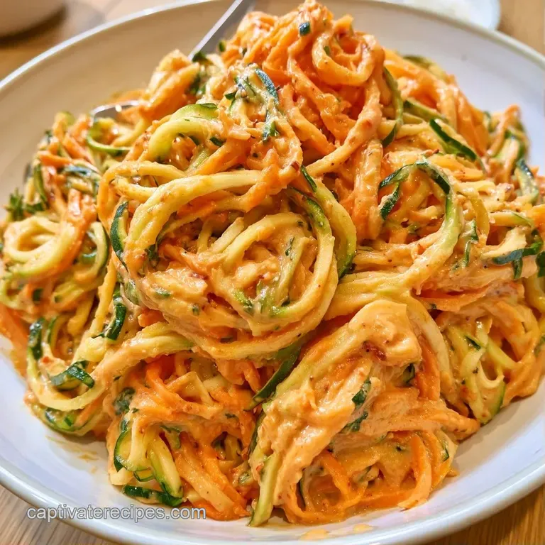 Bright spiralized vegetables elegantly coiled in a ceramic bowl, drizzled with sauce and sprinkled with peanuts.