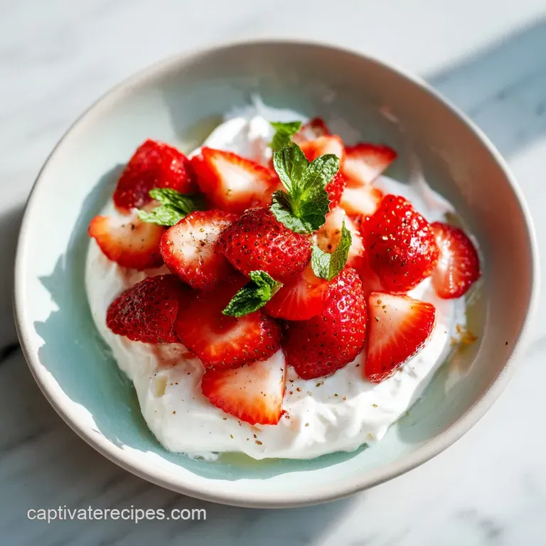 A delicate bowl of fresh strawberries bathed in luscious cream, garnished with a mint leaf.