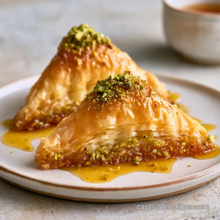 Diamond-cut honey pastries on a white ceramic platter, topped with bright green nuts and a light dusting of cinnamon.