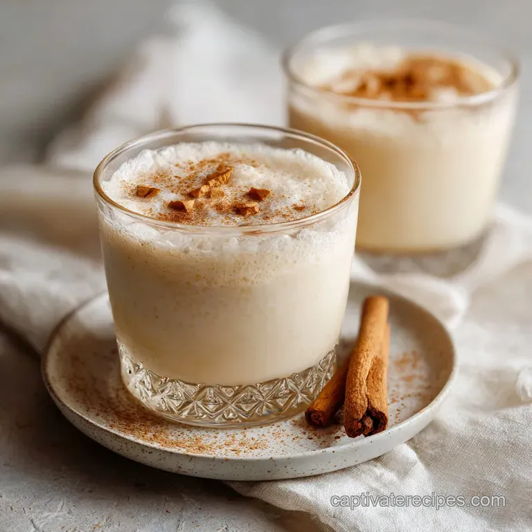 Tall glass of horchata, topped with cinnamon and ice, alongside a cinnamon stick and a small spoon.