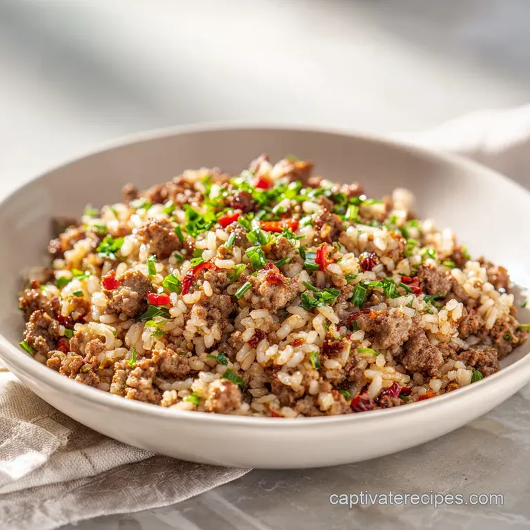 A neat mound of seasoned rice, glistening with savory juices, topped with a sprig of fresh parsley on a white plate.