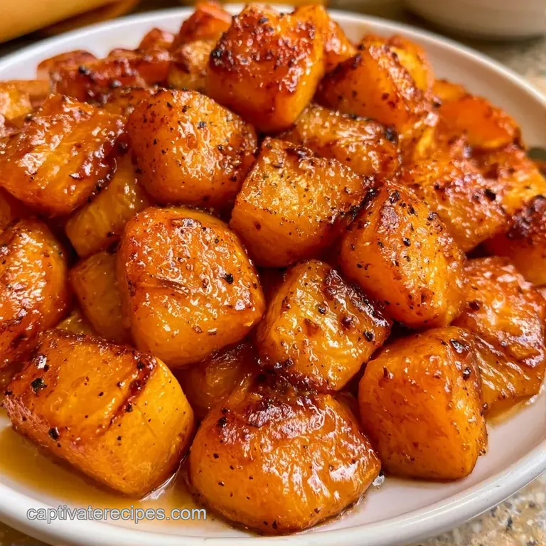 Slices of tender orange squash arranged on a white plate, drizzled with amber syrup and topped with fresh herbs.