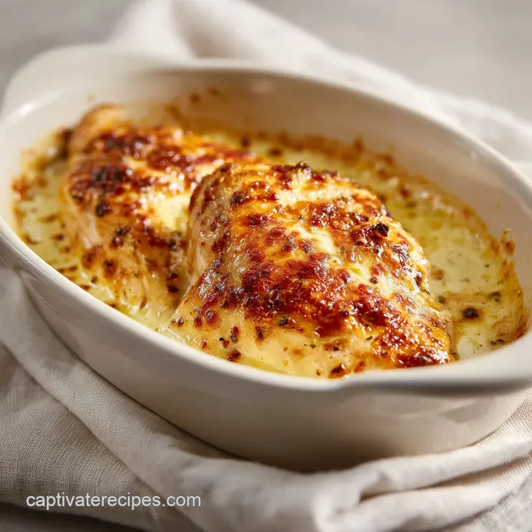 A succulent baked chicken breast bathed in rich, melted cheese, artfully arranged on a white plate with a fork.