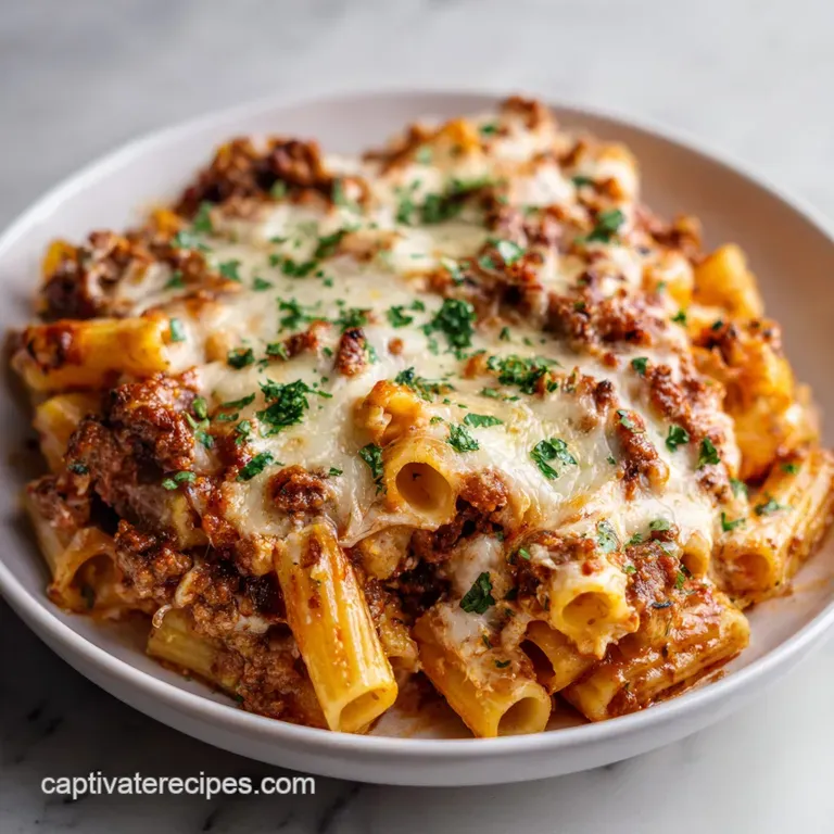 A perfectly portioned slice of baked ziti, showing layers of pasta, creamy ricotta, and rich tomato sauce, garnished with ...