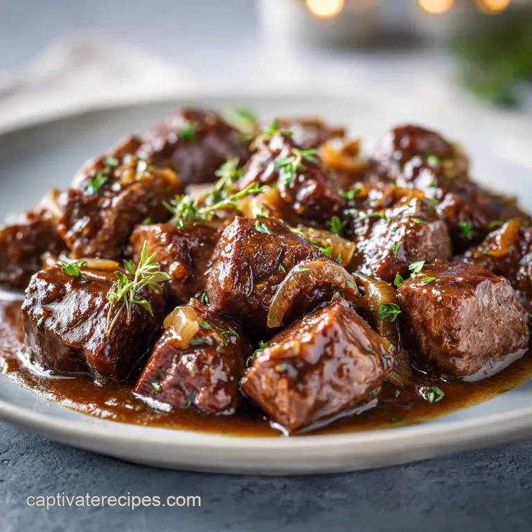 Sliced beef tips smothered in velvety brown gravy served over creamy mashed potatoes with a sprinkle of parsley.