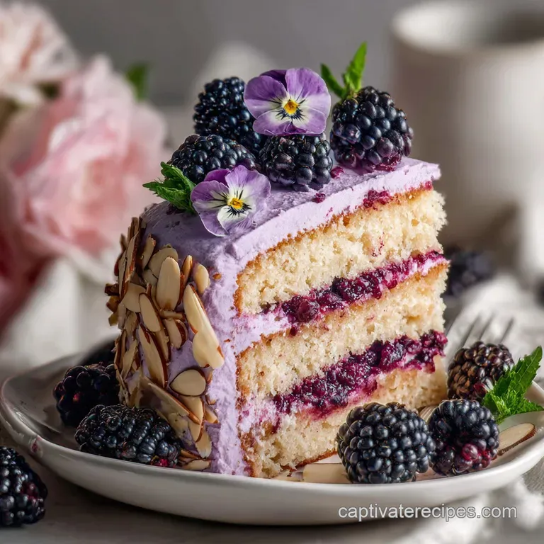 Slice of almond layer cake on a white plate, the creamy blackberry frosting beautifully swirled. Powdered sugar dusting co...