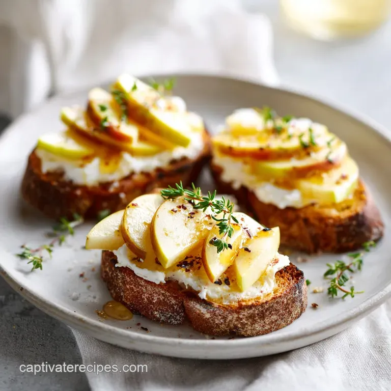 Elegant arrangement of brie and apple crostini on a white plate, garnished with fresh thyme sprigs. Soft cheese oozes slig...