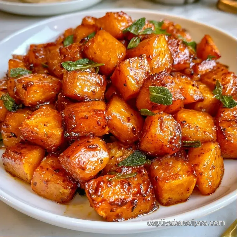 Elegant arrangement of golden roasted squash on a dark plate, finished with a glossy butter glaze and fresh herbs.